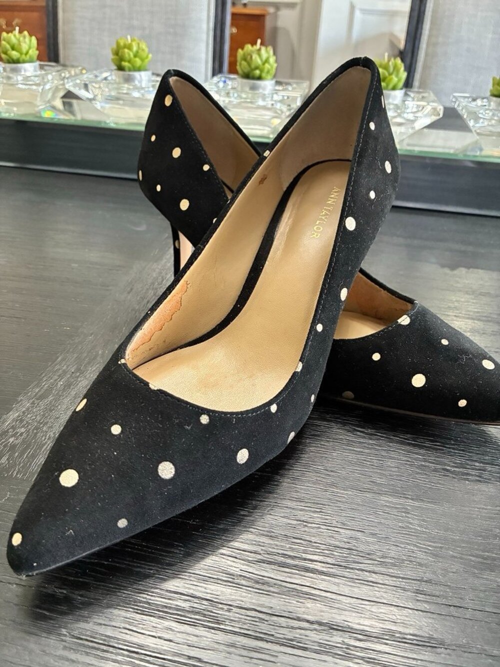 Ann Taylor Black Gold Polka Dots Velvet MILA Pumps High Heels Shoes